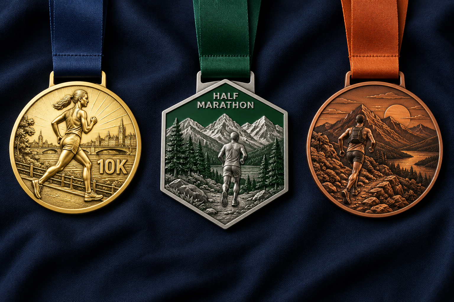 Illustrative gold road race, green half-marathon and bronze trail race medal designs